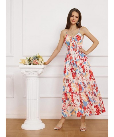 Women's 2024 Summer Beach Dress Floral V Neck Tie Front Spaghetti Strap Flowy Long Dress Boho Maxi Dress Blue Red Floral $29....