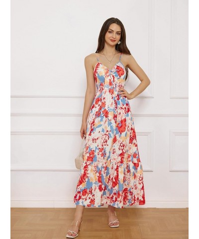 Women's 2024 Summer Beach Dress Floral V Neck Tie Front Spaghetti Strap Flowy Long Dress Boho Maxi Dress Blue Red Floral $29....