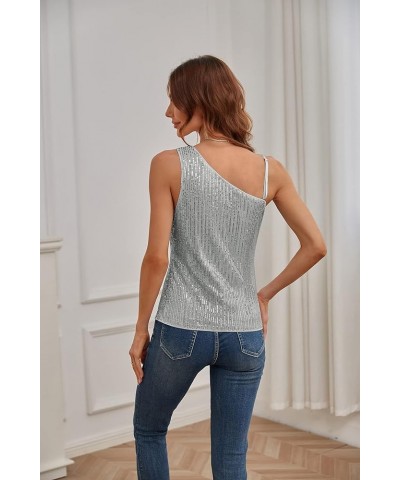 Women's Sequin Tank Tops One Shoulder Sleeveless Party Camisole Vest Silver Gray $17.50 Tanks