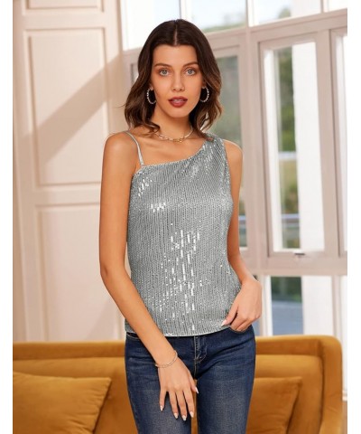 Women's Sequin Tank Tops One Shoulder Sleeveless Party Camisole Vest Silver Gray $17.50 Tanks