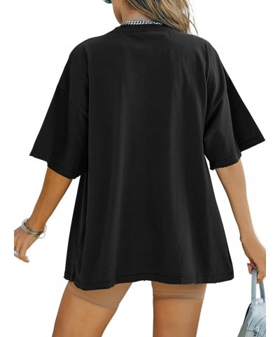 Women Crewneck Drop Shoulder Short Sleeve Oversized Fit Tunic Cotton T-Shirt Basic Boyfriend Black $11.00 Tops