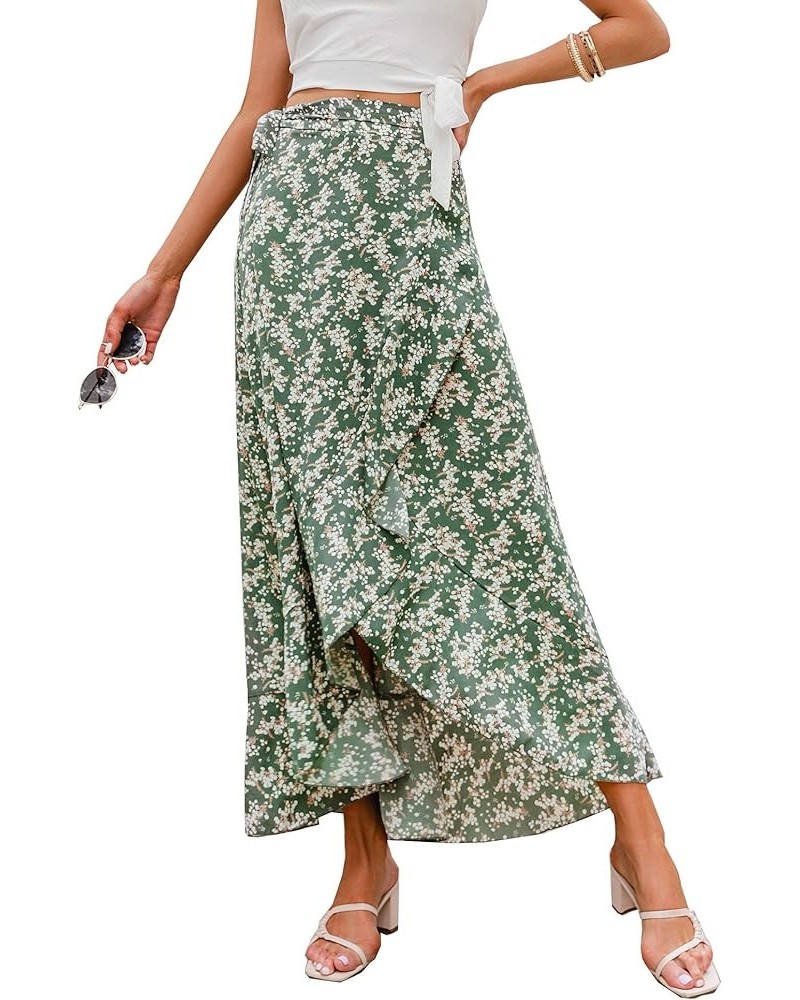 Women's Boho Floral Wrap Maxi Skirt High Waisted Long Skirt with Slit Z-green $15.40 Skirts