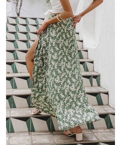 Women's Boho Floral Wrap Maxi Skirt High Waisted Long Skirt with Slit Z-green $15.40 Skirts