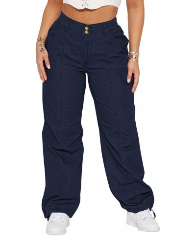 Women High Waisted Cargo Pants Relaxed Fit Wide Leg Jeans Combat Military Trousers with Pockets Navy Blue $23.64 Jeans