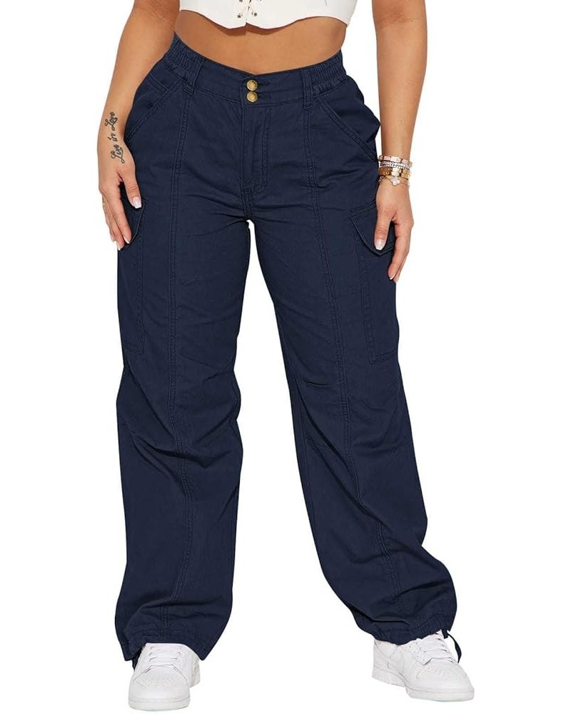 Women High Waisted Cargo Pants Relaxed Fit Wide Leg Jeans Combat Military Trousers with Pockets Navy Blue $23.64 Jeans