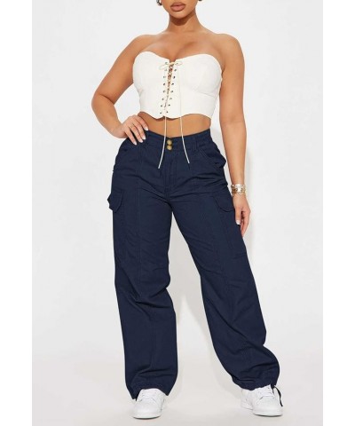 Women High Waisted Cargo Pants Relaxed Fit Wide Leg Jeans Combat Military Trousers with Pockets Navy Blue $23.64 Jeans