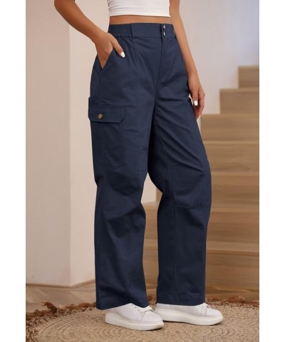 Women High Waisted Cargo Pants Relaxed Fit Wide Leg Jeans Combat Military Trousers with Pockets Navy Blue $23.64 Jeans