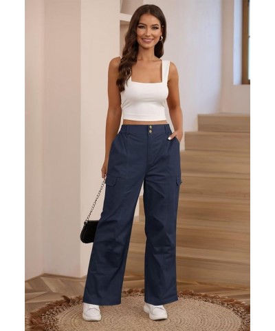 Women High Waisted Cargo Pants Relaxed Fit Wide Leg Jeans Combat Military Trousers with Pockets Navy Blue $23.64 Jeans