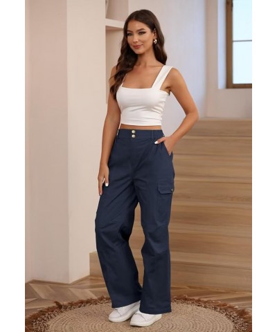 Women High Waisted Cargo Pants Relaxed Fit Wide Leg Jeans Combat Military Trousers with Pockets Navy Blue $23.64 Jeans