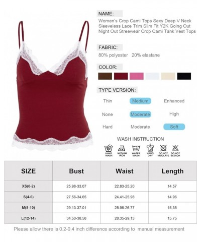 Women’s Crop Cami Tops V Neck Sleeveless Lace Trim Slim Fit Y2K Going Out Night Out Tank Vest Tops Wine Red $11.99 Tanks