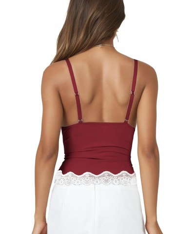 Women’s Crop Cami Tops V Neck Sleeveless Lace Trim Slim Fit Y2K Going Out Night Out Tank Vest Tops Wine Red $11.99 Tanks