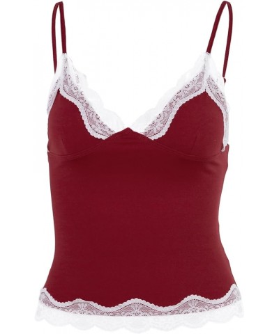 Women’s Crop Cami Tops V Neck Sleeveless Lace Trim Slim Fit Y2K Going Out Night Out Tank Vest Tops Wine Red $11.99 Tanks