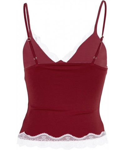 Women’s Crop Cami Tops V Neck Sleeveless Lace Trim Slim Fit Y2K Going Out Night Out Tank Vest Tops Wine Red $11.99 Tanks