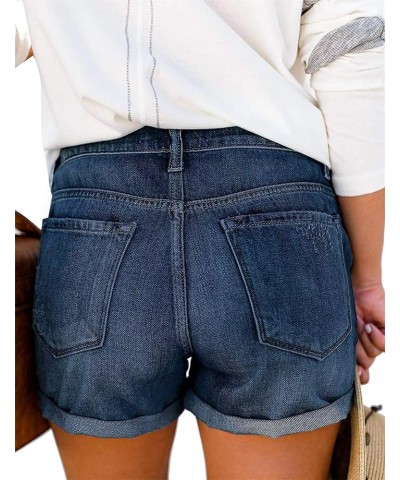 Women's Ripped Mid Waisted Denim Shorts with Pockets E-deep Blue $17.02 Shorts