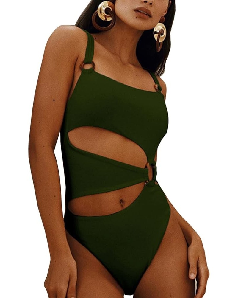 Women's One Piece Swimsuit Ring Cut Out Front High Cut Cheeky Bathing Suit Monokini Swimwear Amy Green $14.28 Swimsuits