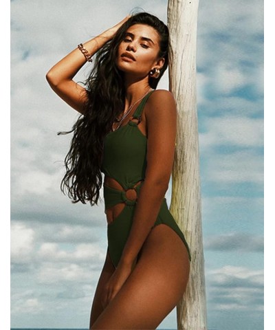 Women's One Piece Swimsuit Ring Cut Out Front High Cut Cheeky Bathing Suit Monokini Swimwear Amy Green $14.28 Swimsuits