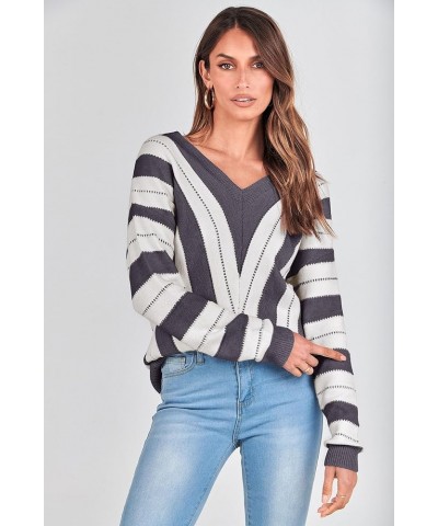 Women's Fashion Long Sleeve Striped Color Block Knitted Sweater Crew Neck Loose Pullover Jumper Tops Striped Dark Grey $18.86...