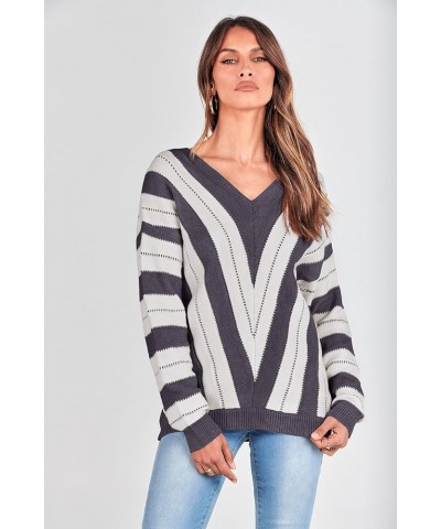 Women's Fashion Long Sleeve Striped Color Block Knitted Sweater Crew Neck Loose Pullover Jumper Tops Striped Dark Grey $18.86...