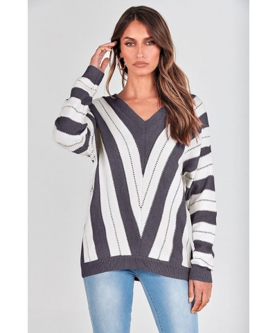 Women's Fashion Long Sleeve Striped Color Block Knitted Sweater Crew Neck Loose Pullover Jumper Tops Striped Dark Grey $18.86...