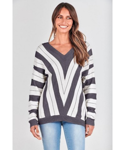 Women's Fashion Long Sleeve Striped Color Block Knitted Sweater Crew Neck Loose Pullover Jumper Tops Striped Dark Grey $18.86...