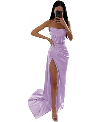 Women's Strapless Prom Dresses Long Satin Bridesmaid Dress with Slit Ruched Formal Evening Corset Gown Lilac $29.25 Dresses