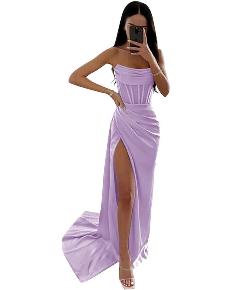 Women's Strapless Prom Dresses Long Satin Bridesmaid Dress with Slit Ruched Formal Evening Corset Gown Lilac $29.25 Dresses