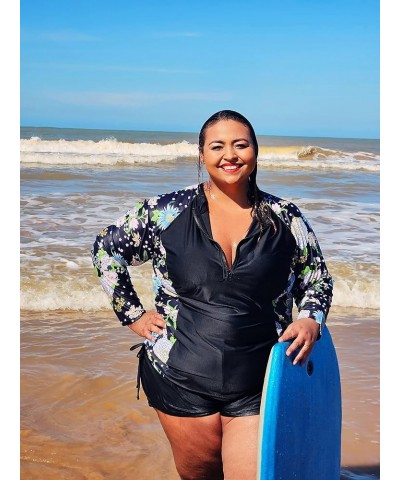 Womens Plus Size Rash Guard Long Sleeve Swim Shirts UPF 50+ Sun Protection Swimsuit Top with Zipper Black Floral $11.75 Swims...