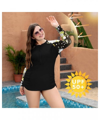 Womens Plus Size Rash Guard Long Sleeve Swim Shirts UPF 50+ Sun Protection Swimsuit Top with Zipper Black Floral $11.75 Swims...