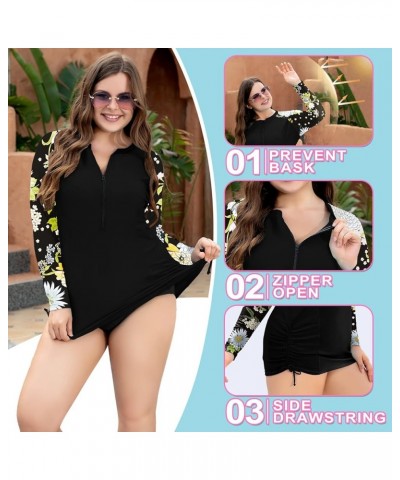 Womens Plus Size Rash Guard Long Sleeve Swim Shirts UPF 50+ Sun Protection Swimsuit Top with Zipper Black Floral $11.75 Swims...