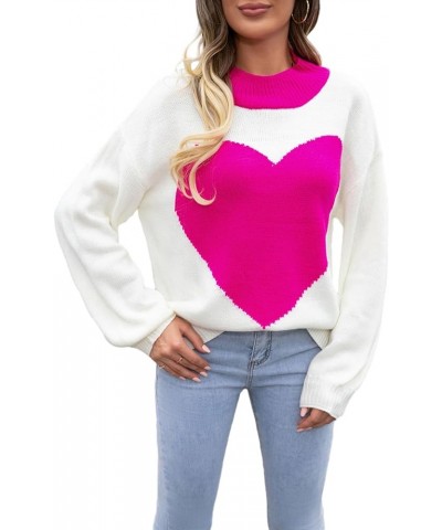 Women's Cute Pullover Sweaters Trendy Aesthetic Heart Cream Soft Knitted Long Sleeve Crewneck Jumper Cozy Tops Rose Red Huge ...