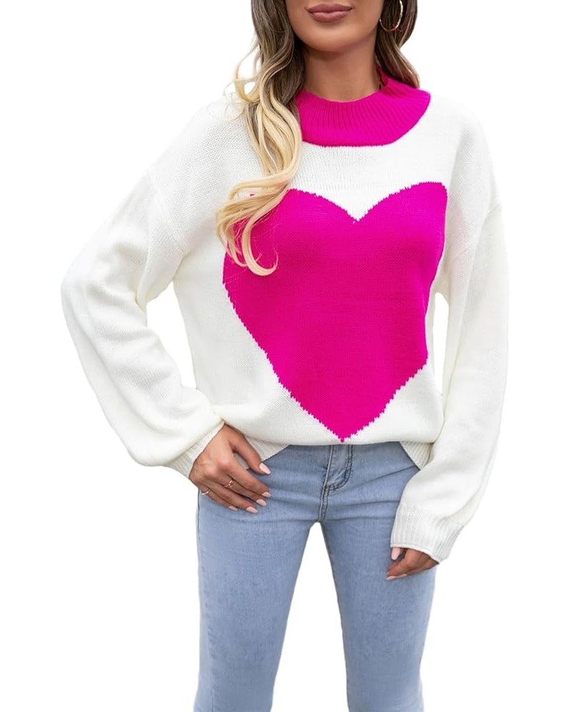 Women's Cute Pullover Sweaters Trendy Aesthetic Heart Cream Soft Knitted Long Sleeve Crewneck Jumper Cozy Tops Rose Red Huge ...