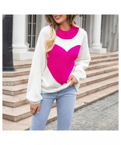 Women's Cute Pullover Sweaters Trendy Aesthetic Heart Cream Soft Knitted Long Sleeve Crewneck Jumper Cozy Tops Rose Red Huge ...