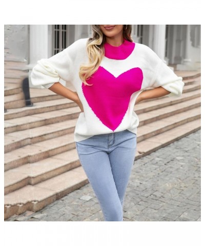 Women's Cute Pullover Sweaters Trendy Aesthetic Heart Cream Soft Knitted Long Sleeve Crewneck Jumper Cozy Tops Rose Red Huge ...