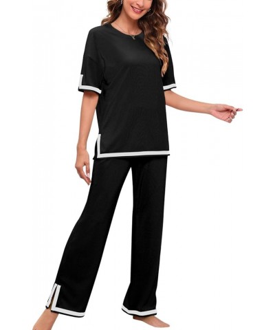 Women's 2 Piece Outfits Casual Pleated Short Sleeve Knit T-Shirt Tops Wide Leg Pants Lounge Sets Tracksuit Black_c38 $24.35 S...