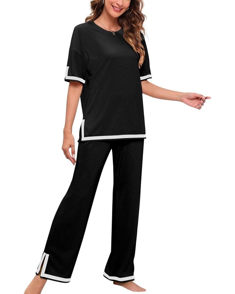 Women's 2 Piece Outfits Casual Pleated Short Sleeve Knit T-Shirt Tops Wide Leg Pants Lounge Sets Tracksuit Black_c38 $24.35 S...