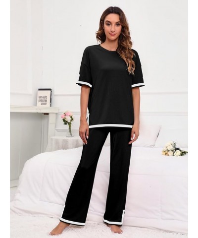 Women's 2 Piece Outfits Casual Pleated Short Sleeve Knit T-Shirt Tops Wide Leg Pants Lounge Sets Tracksuit Black_c38 $24.35 S...