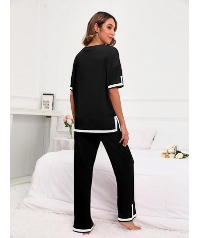 Women's 2 Piece Outfits Casual Pleated Short Sleeve Knit T-Shirt Tops Wide Leg Pants Lounge Sets Tracksuit Black_c38 $24.35 S...