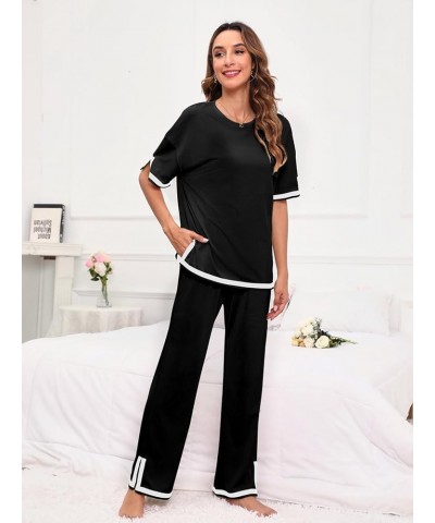 Women's 2 Piece Outfits Casual Pleated Short Sleeve Knit T-Shirt Tops Wide Leg Pants Lounge Sets Tracksuit Black_c38 $24.35 S...