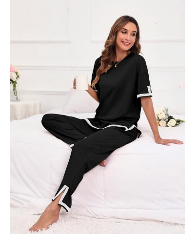 Women's 2 Piece Outfits Casual Pleated Short Sleeve Knit T-Shirt Tops Wide Leg Pants Lounge Sets Tracksuit Black_c38 $24.35 S...