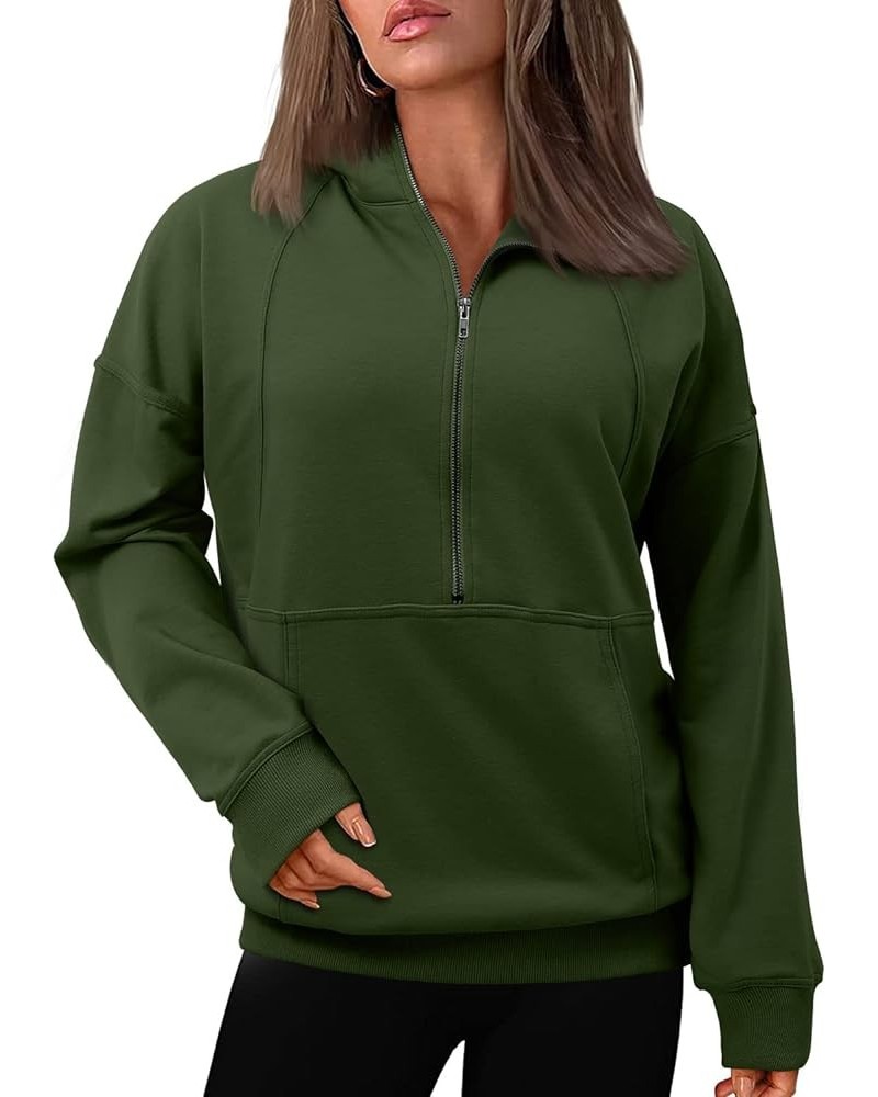 Half Zip up Sweatshirt Women Cute Hoodies Lapel Pullover Long Sleeve Trendy Warm Top D-olive Green $12.79 Hoodies & Sweatshirts