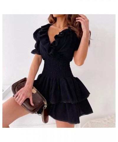 Women Sexy Lace Crochet Slim V-Neck Floral Spaghetti Strap Backless Sleeveless Sundress Mini Skater Dress F-black $9.66 Dresses