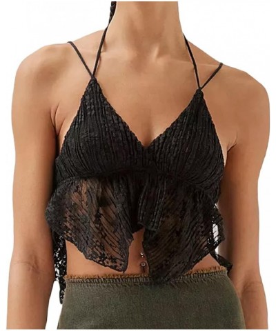 Women Sexy Y2k Camisole Spaghetti Strap Lace Frill Crop Top Bustier Backless Mesh Patchwork Tank Cami Aesthetic Cami Black $7...