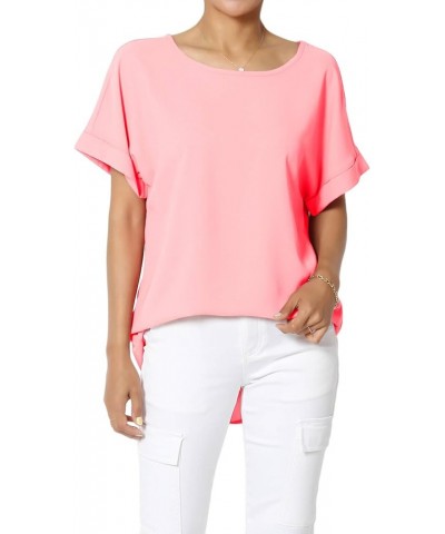 Women's Casual Office Cuffed Dolman Short Sleeve Boat Neck Loose Chiffon Top Dobby Bright Pink $9.24 Tops