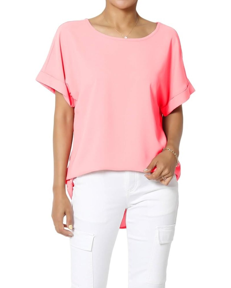 Women's Casual Office Cuffed Dolman Short Sleeve Boat Neck Loose Chiffon Top Dobby Bright Pink $9.24 Tops