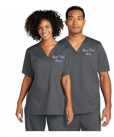 Custom Embroidered Unisex Medical V-Neck Top - Add Your Name or Text - Short Sleeve Chest Pocket Tshirts Pewter $23.17 T-Shirts