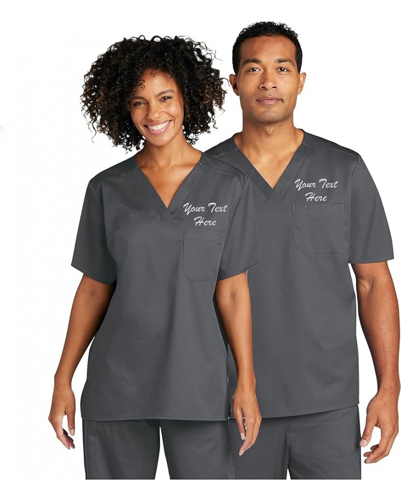 Custom Embroidered Unisex Medical V-Neck Top - Add Your Name or Text - Short Sleeve Chest Pocket Tshirts Pewter $23.17 T-Shirts