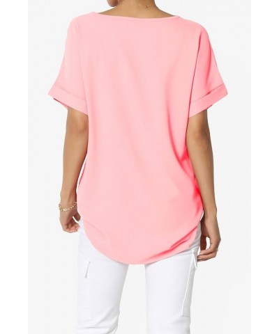 Women's Casual Office Cuffed Dolman Short Sleeve Boat Neck Loose Chiffon Top Dobby Bright Pink $9.24 Tops