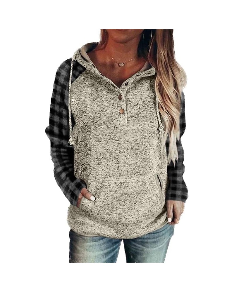 Women's Hoodie Graphic Print Hooded Button Collar Drawstring Pullover Sweatshirts Casual Long Sleeve Tops Shirts Grey Plaid $...