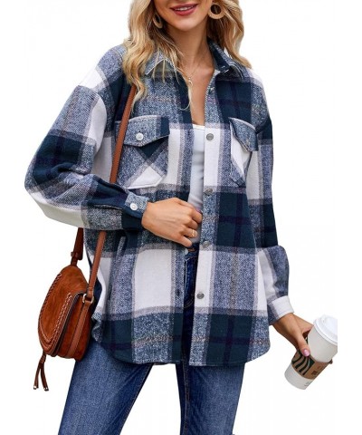 Womens Casual Plaid Wool Blend Shacket Button Down Long Sleeve Lapel Collar Shirts Coats Navy Blue $15.80 Blouses