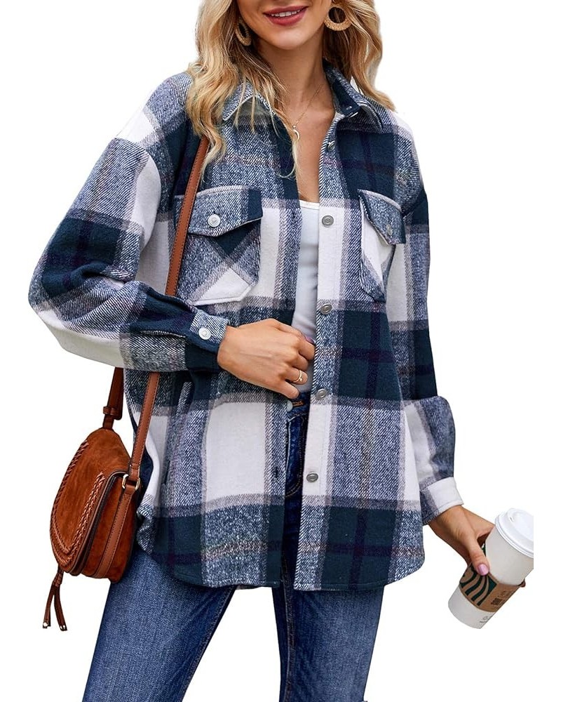 Womens Casual Plaid Wool Blend Shacket Button Down Long Sleeve Lapel Collar Shirts Coats Navy Blue $15.80 Blouses